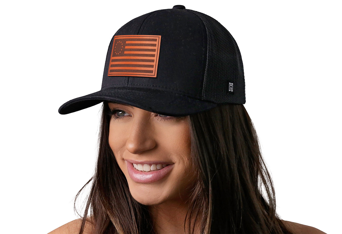 Betsy Ross Flag Trucker Hat Leather | Leather USA Snapback
