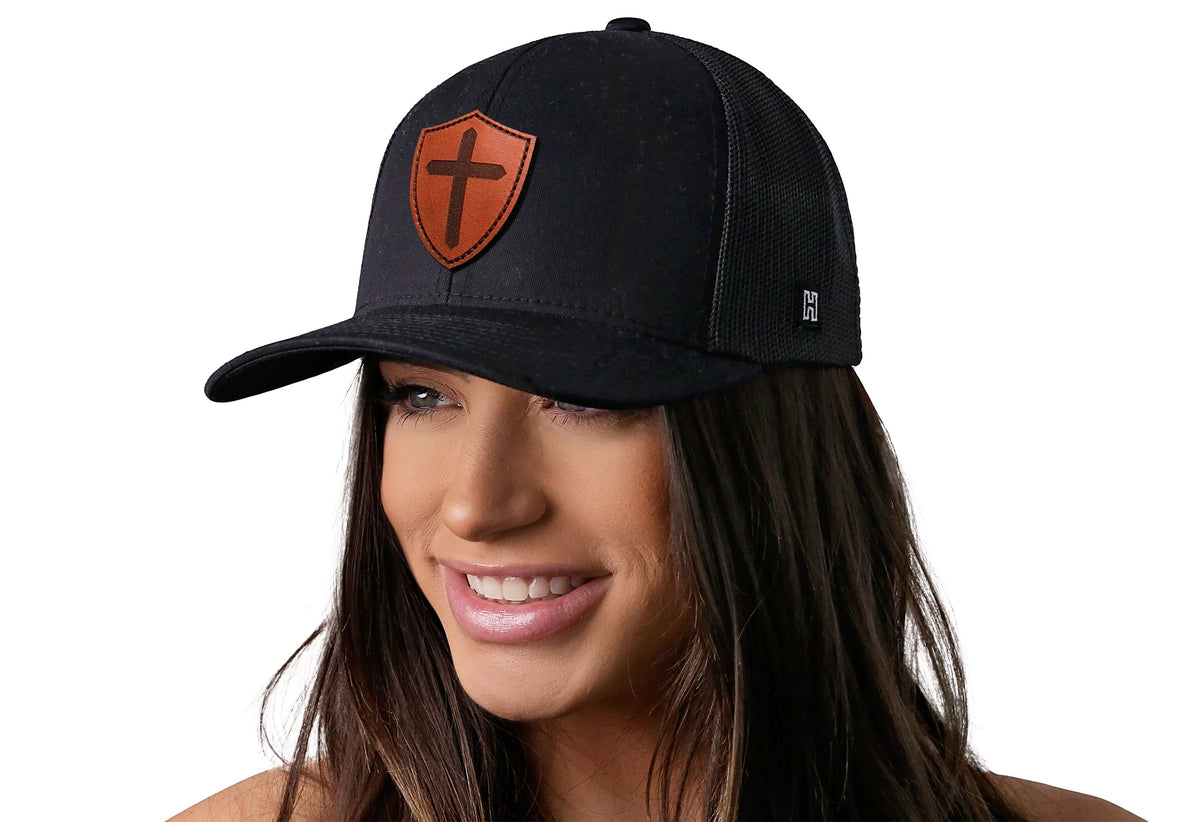 Shield Cross Trucker Hat | Leather Christian Snapback