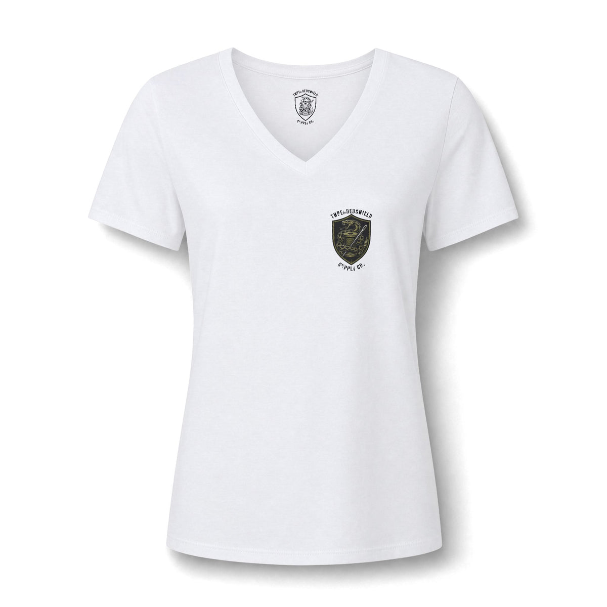 ThreadedShield Supply Co. Women’s Crest & Flag Relaxed V-Neck Tee
