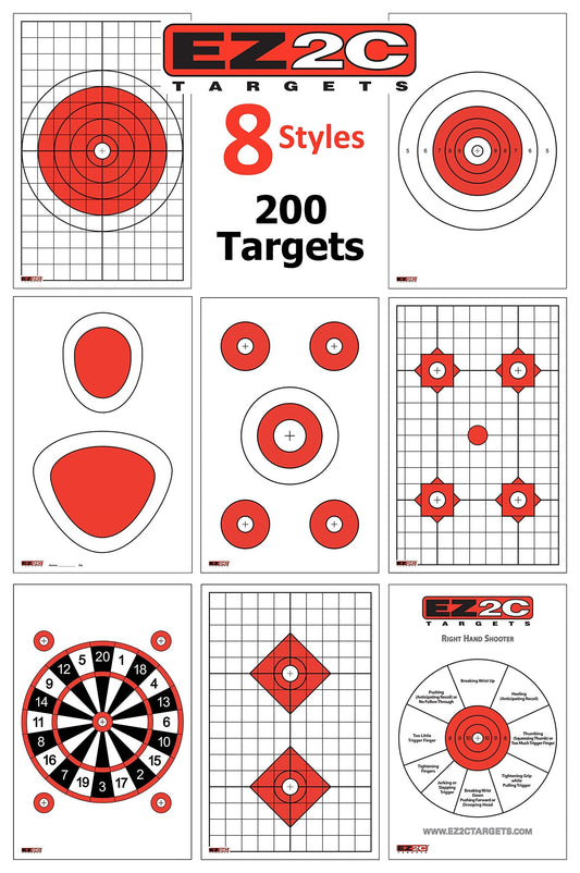 200 EZ2C Targets Most Popular 8 Styles Paper Targets Bundle Pack 11"x17" USA Made