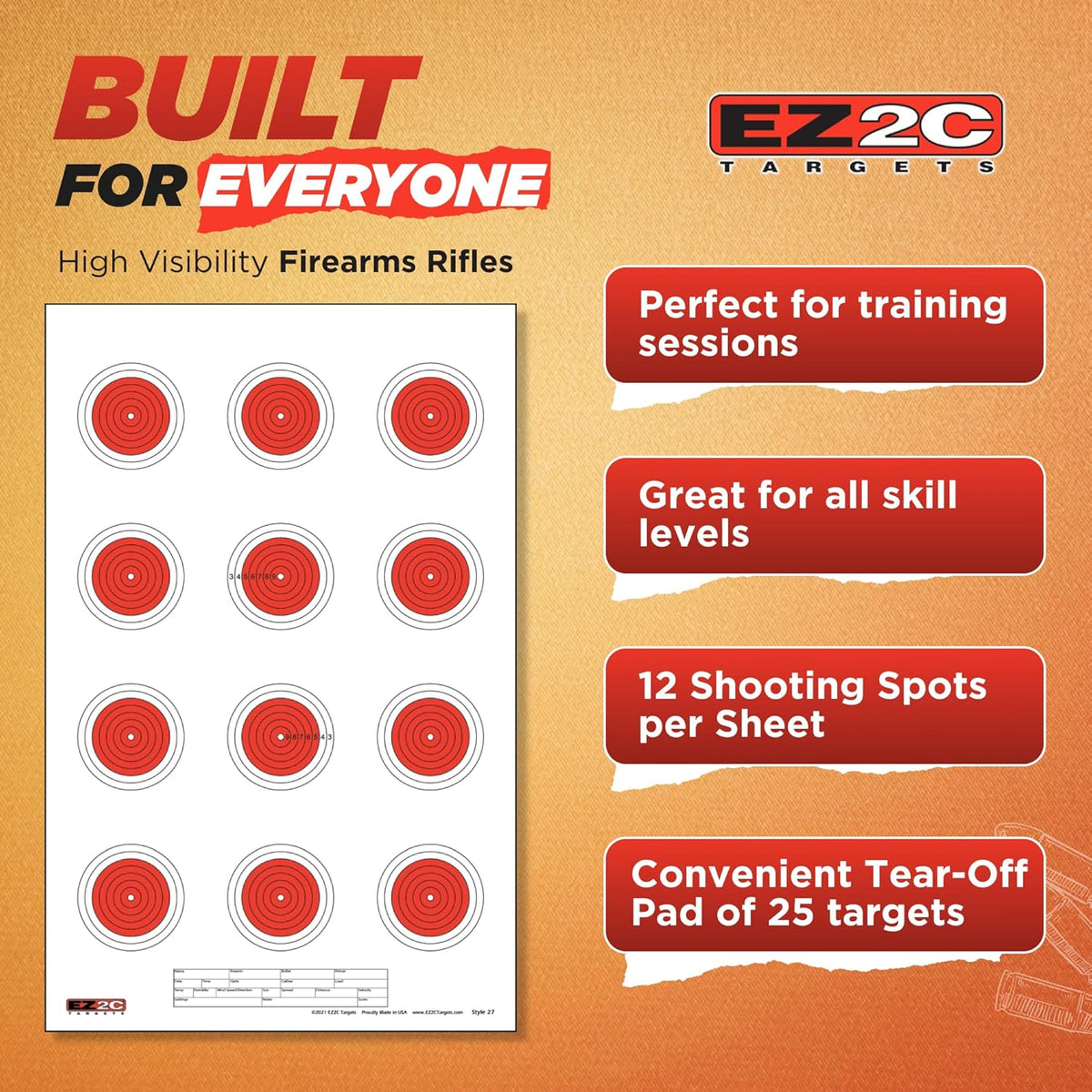 25 EZ2C Targets Style 27/RD10: Small-bore 50ft Paper Shooting Target 11"x17" USA MADE Pad of 25