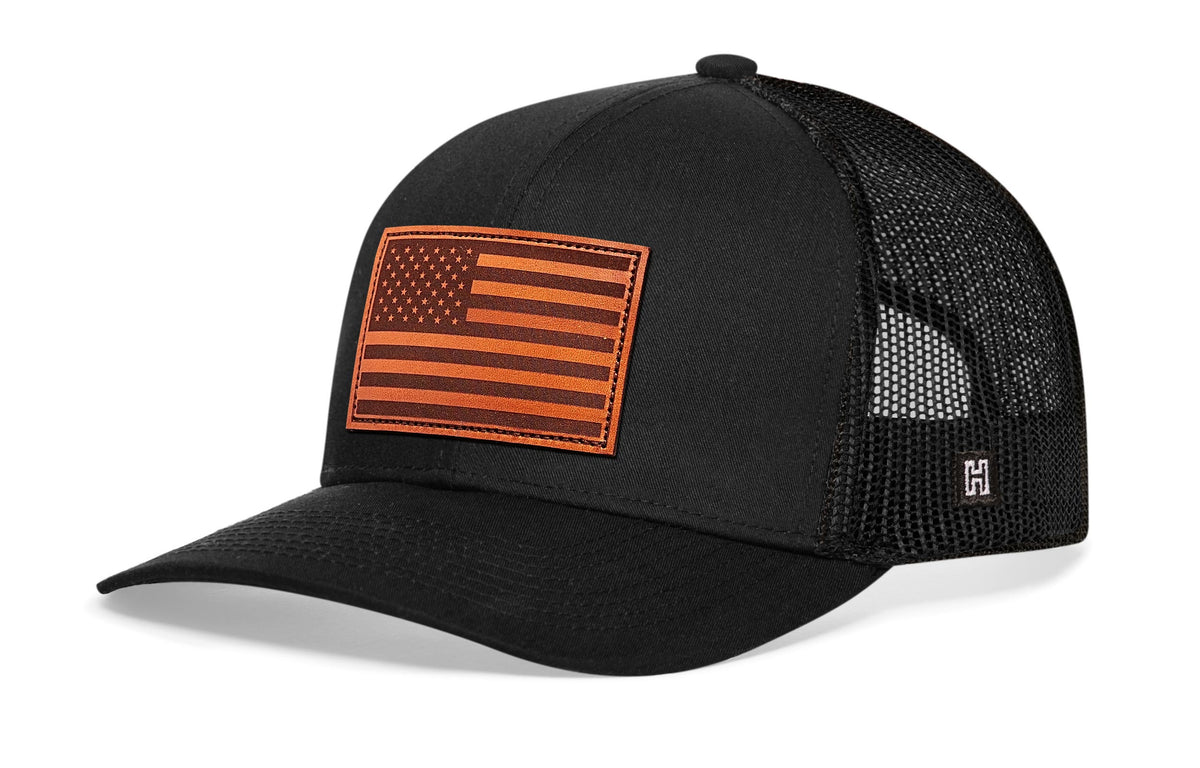 American Flag Trucker Hat Leather  |  Leather USA Snapback