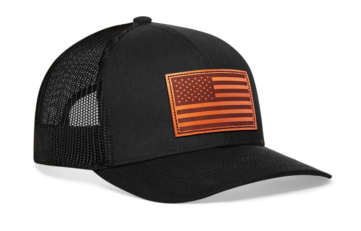 American Flag Trucker Hat Leather  |  Leather USA Snapback