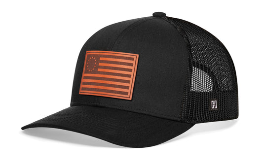 Betsy Ross Flag Trucker Hat Leather  |  Leather USA Snapback