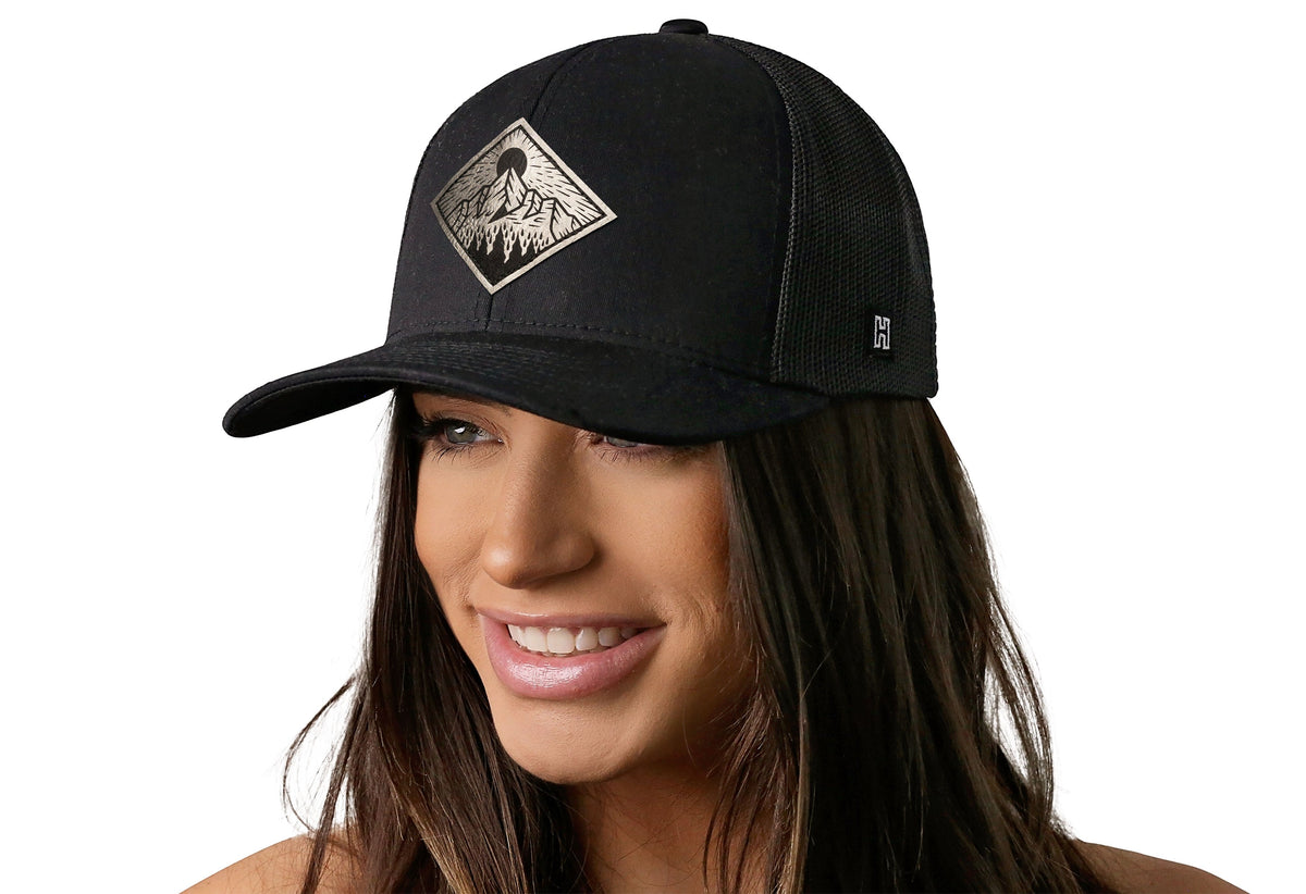 Diamond Mountain and Trees Trucker Hat  |  Silver Faux Leather Outdoors Snapback