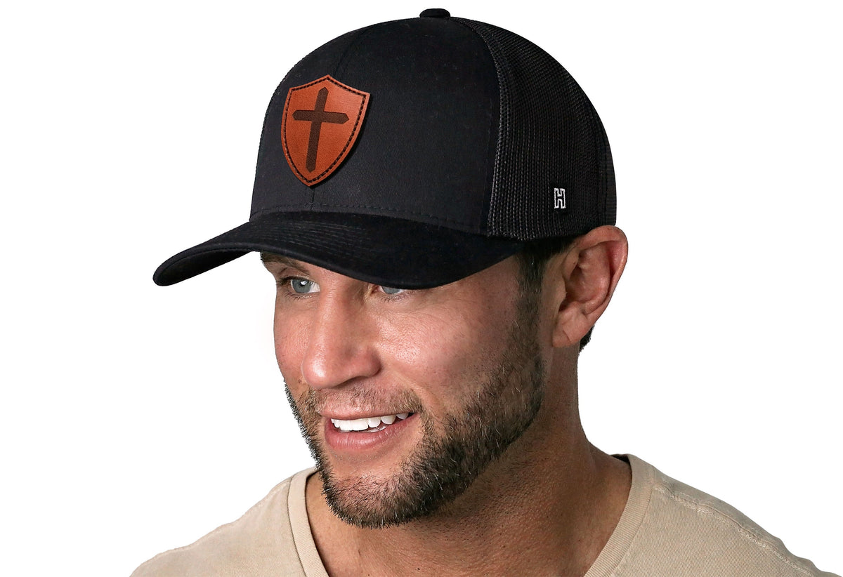 Shield Cross Trucker Hat  |  Leather Christian Snapback