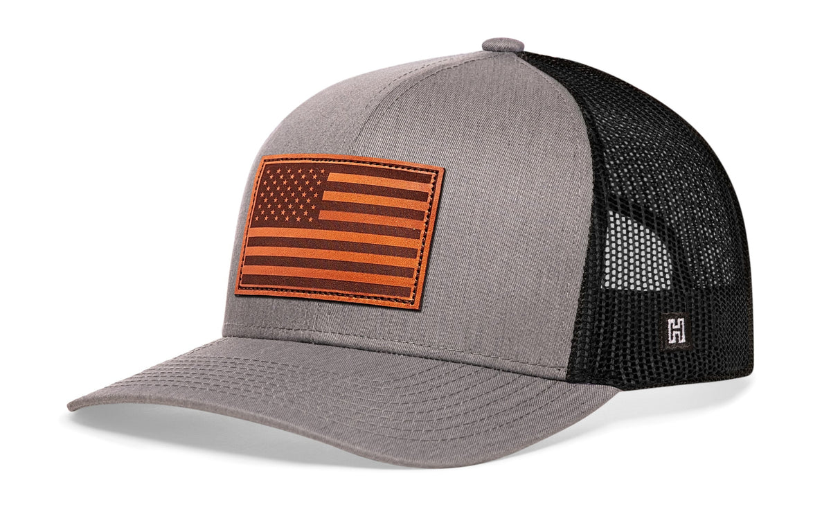 American Flag Trucker Hat Leather  |  Leather USA Snapback