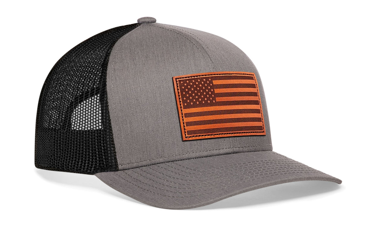American Flag Trucker Hat Leather  |  Leather USA Snapback