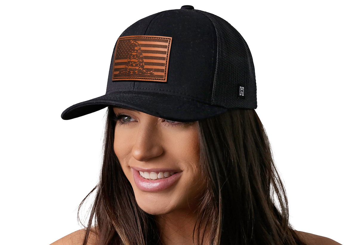 Dont Tread On Me American Flag Trucker Hat  |  Leather USA Snapback