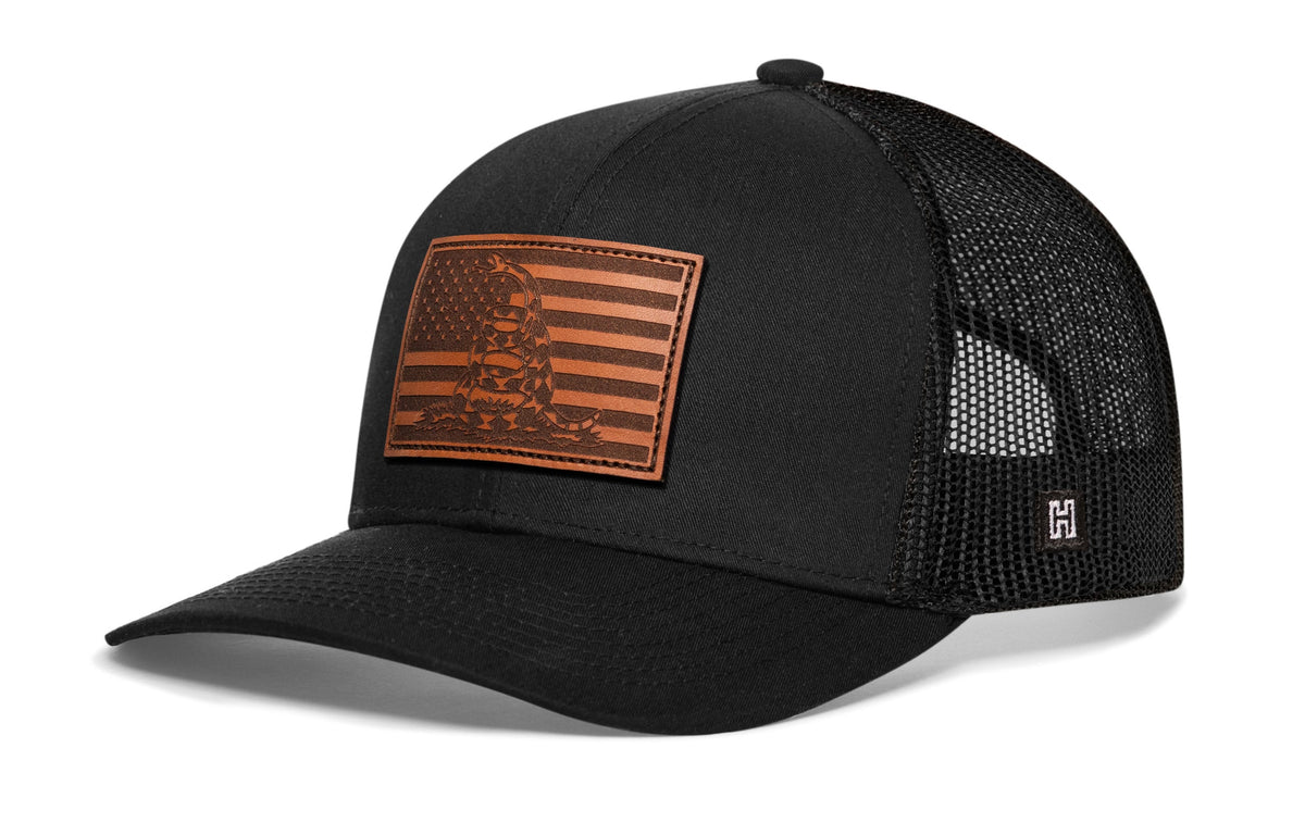 Dont Tread On Me American Flag Trucker Hat  |  Leather USA Snapback