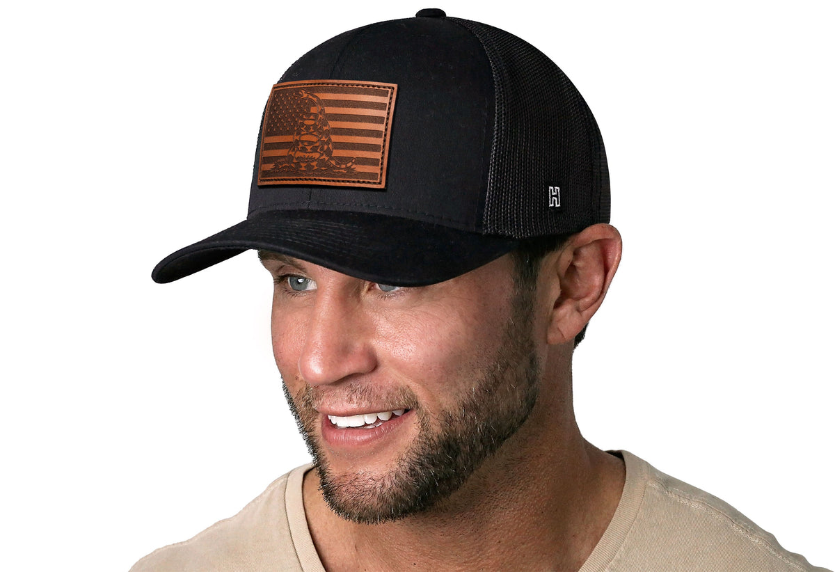 Dont Tread On Me American Flag Trucker Hat  |  Leather USA Snapback