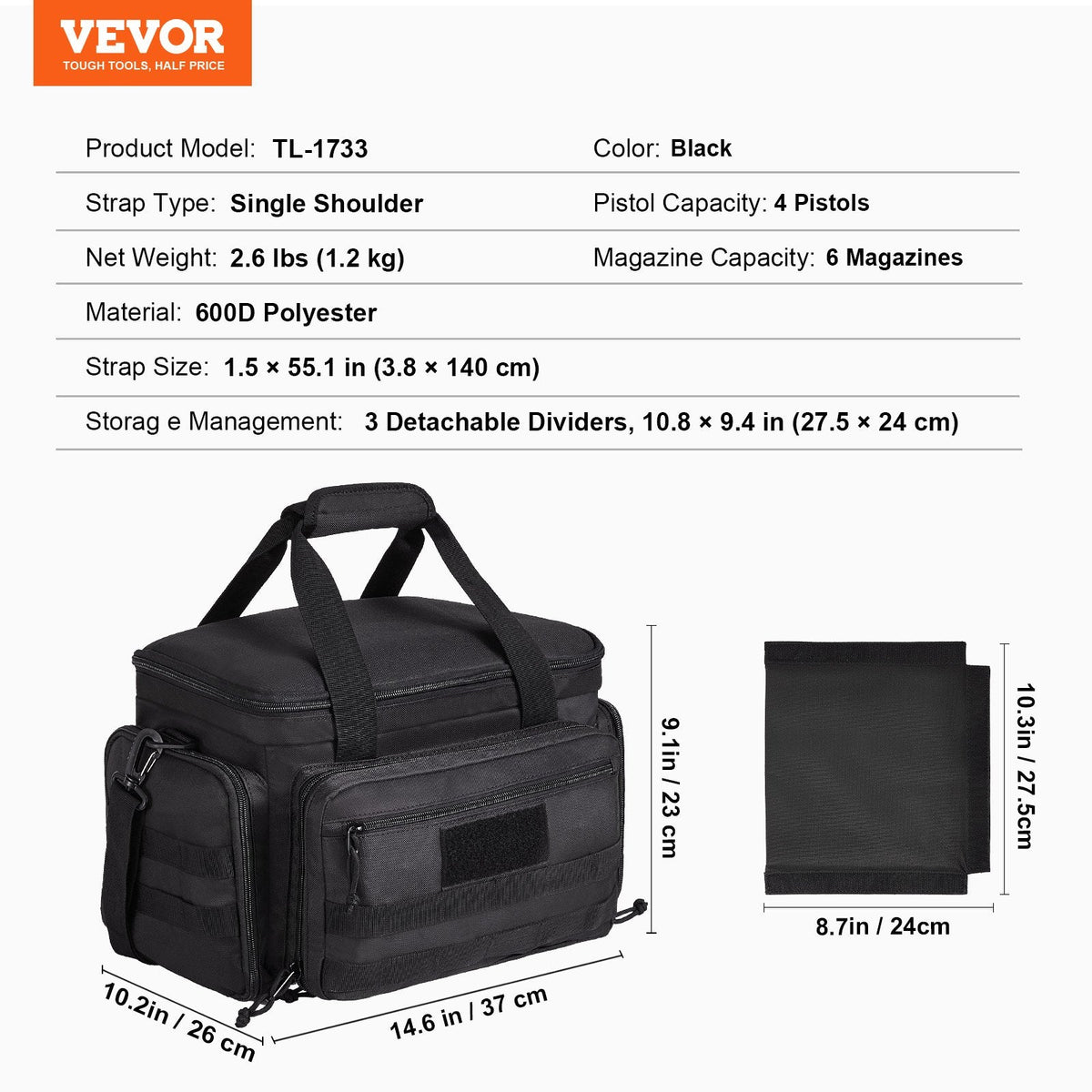 Range Bag for 4 Pistols, with Single Shoulder Strip